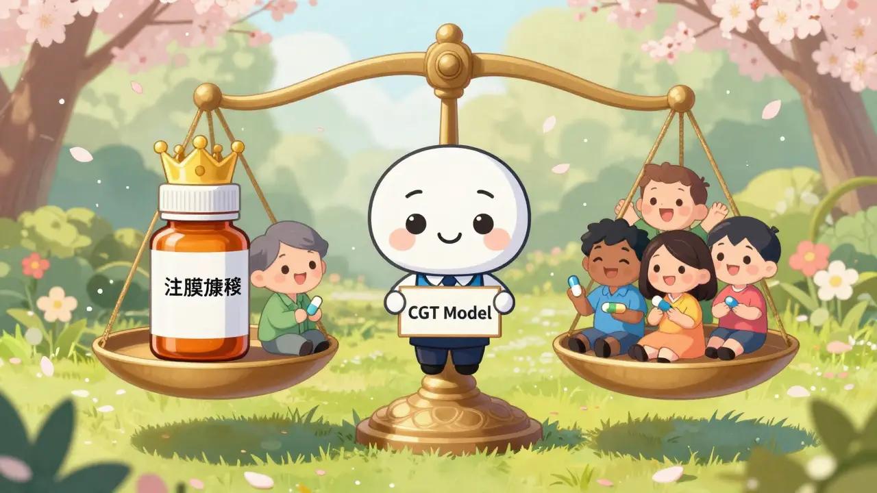 Anime balance scale showing brand drugs vs generics with happy patients