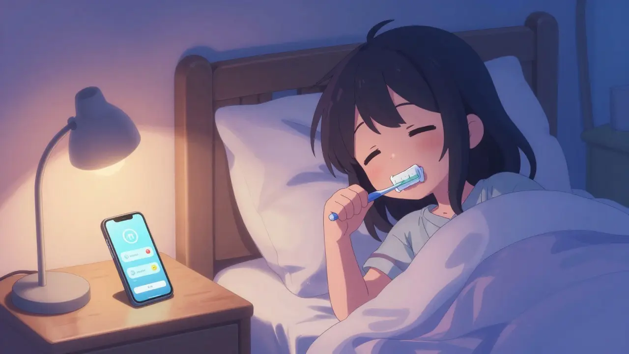 Anime character taking meds as part of night routine