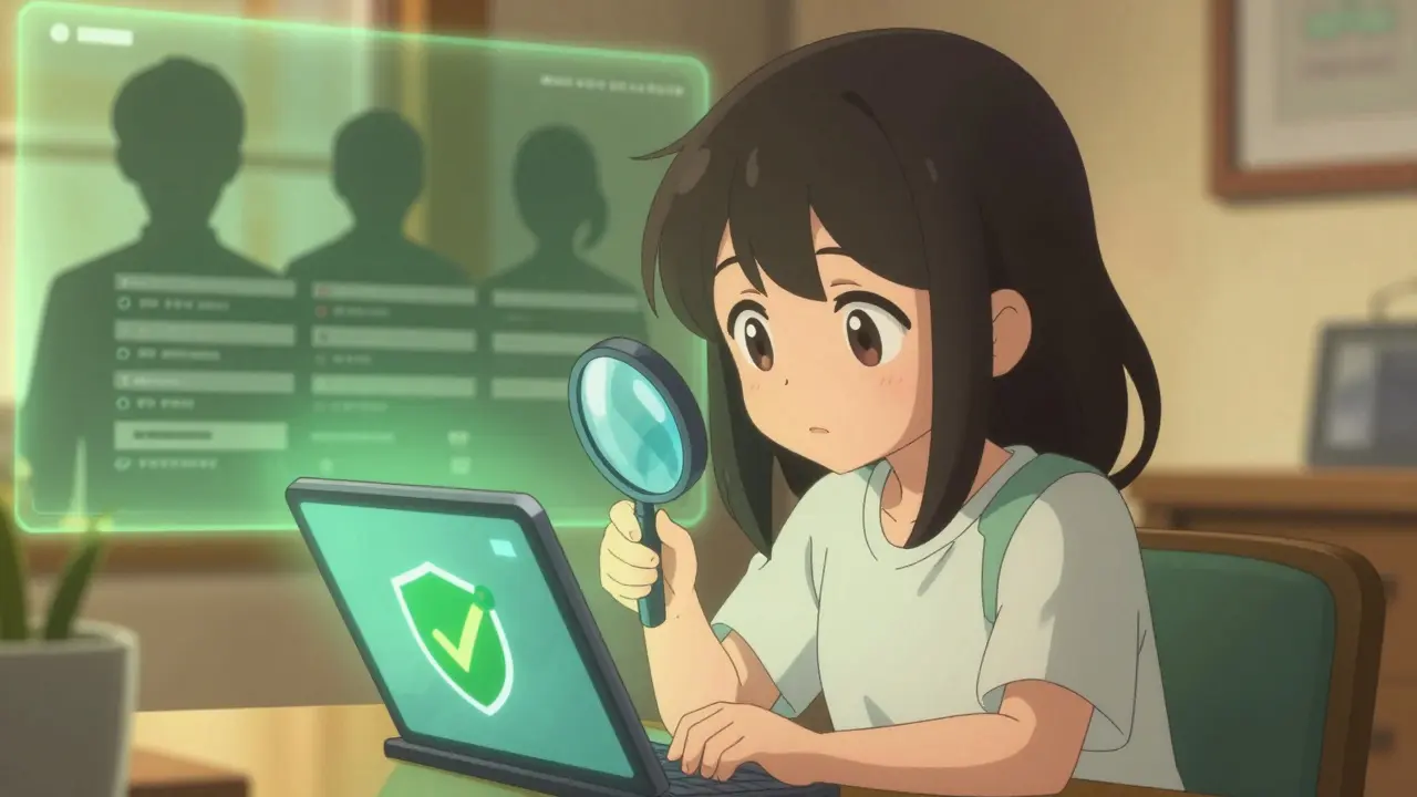 Anime girl checking safe pharmacy website on tablet
