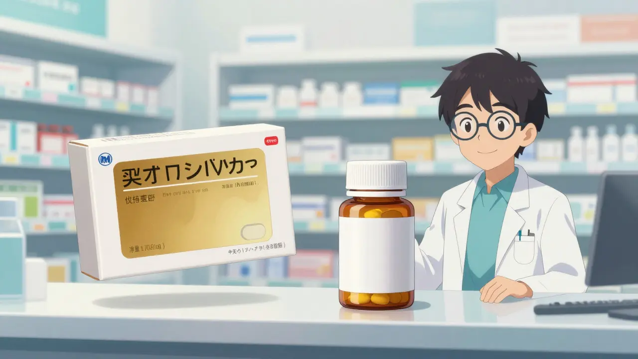 Anime pharmacist showing generic vs brand name pills