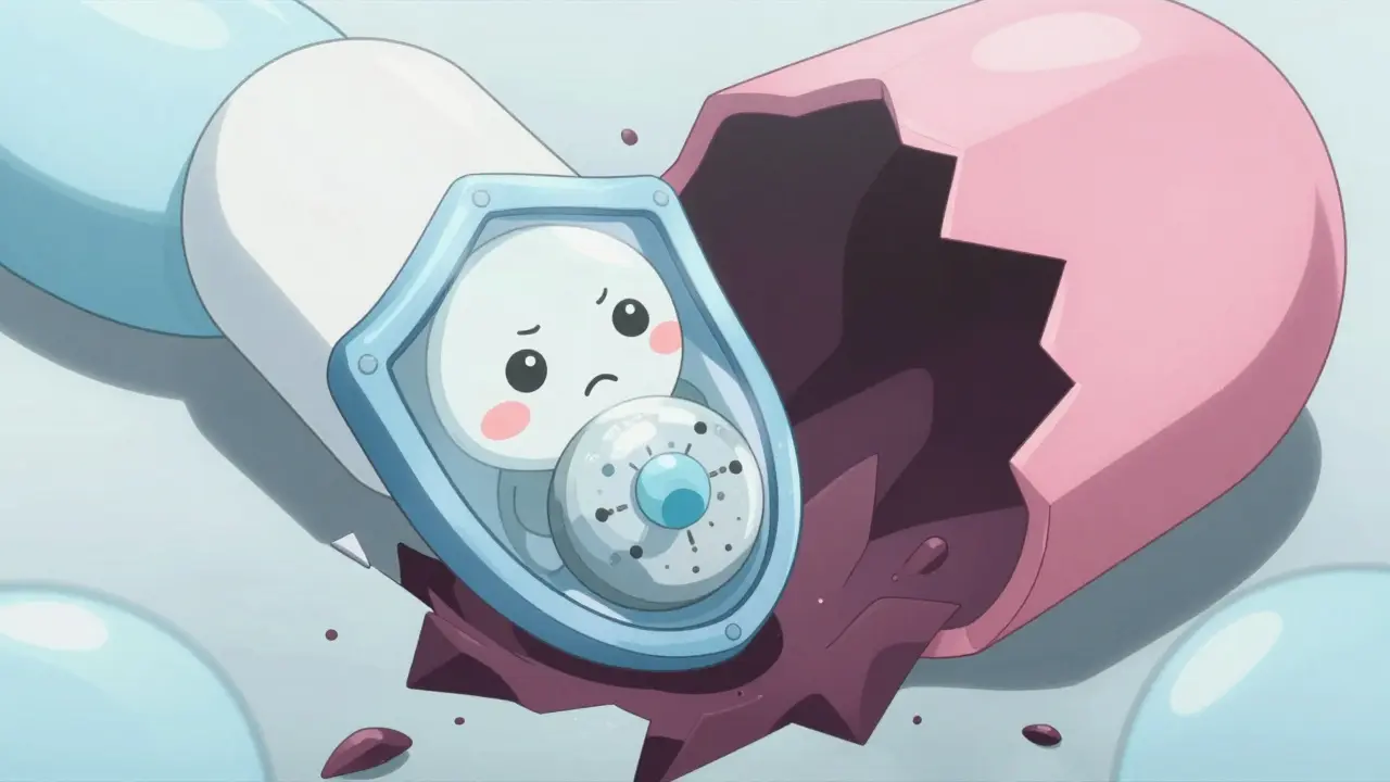 Anime pill character with protective shield vs crushing shadow