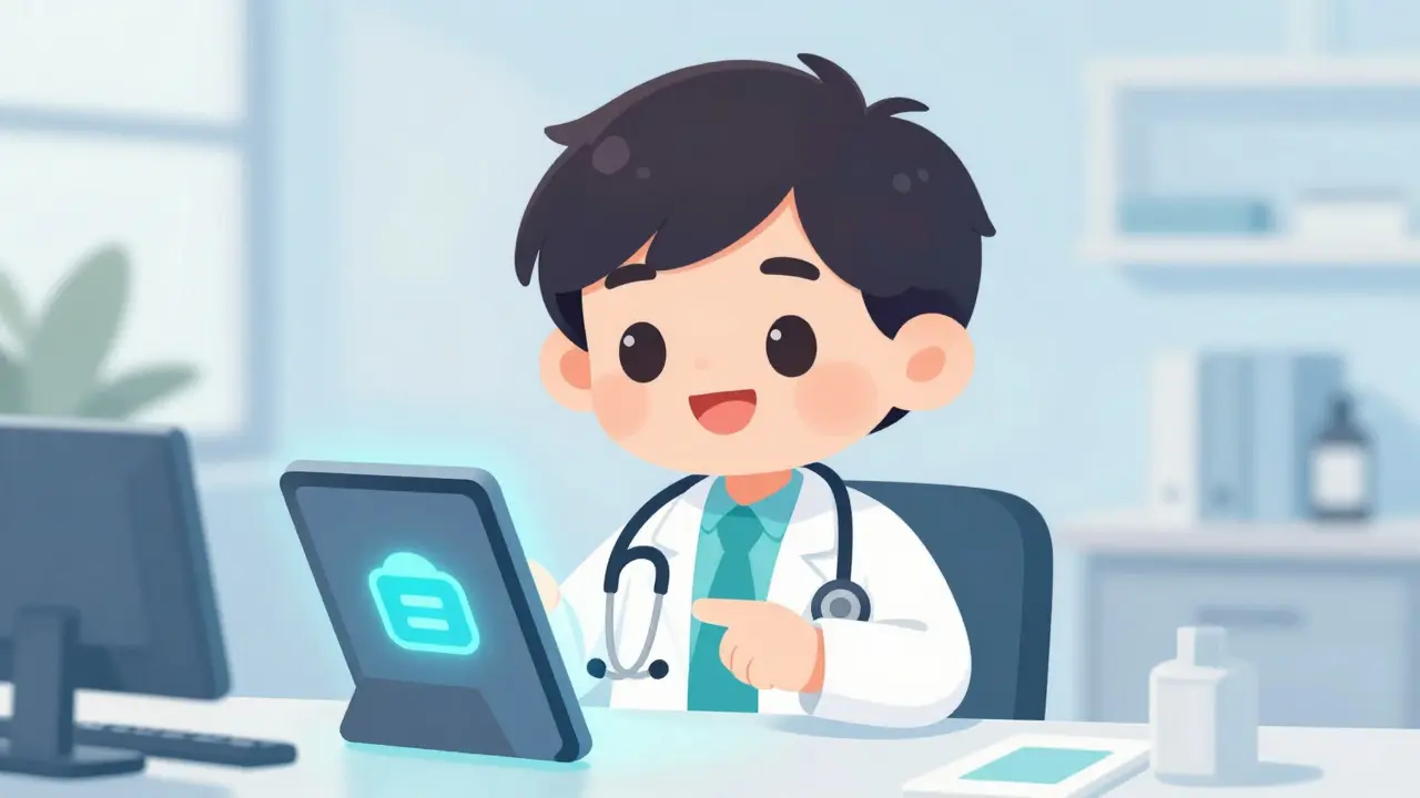 Chibi doctor showing telehealth consultation on tablet screen