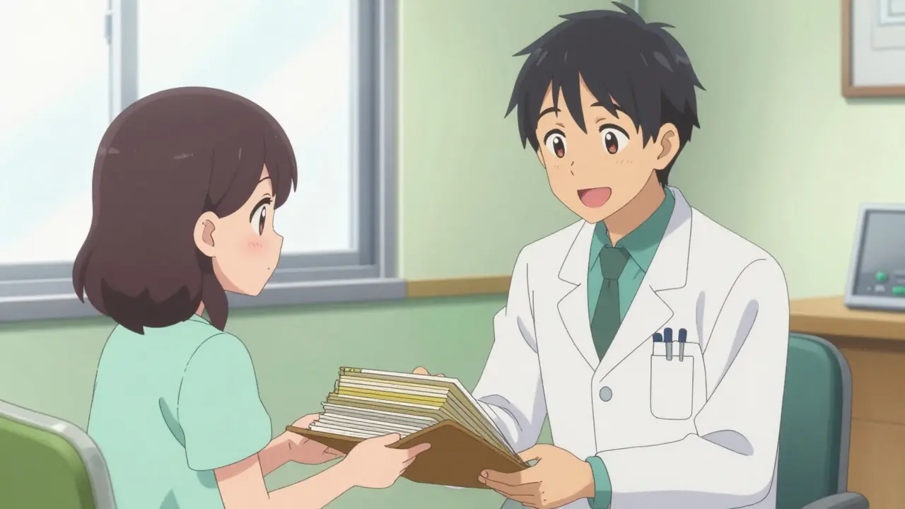Friendly anime patient handing a medical diary to an attentive doctor