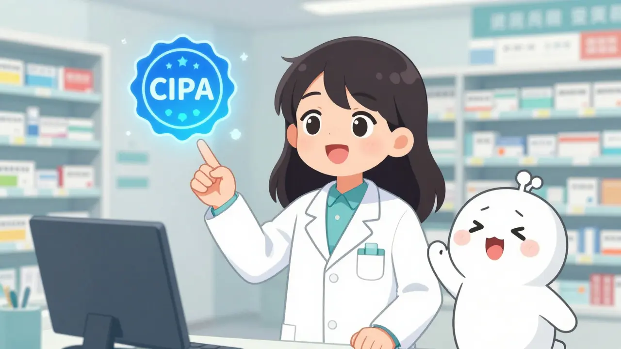 Friendly pharmacist pointing to safety certification seal