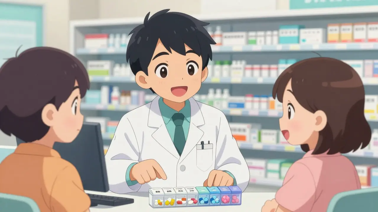 Friendly pharmacist showing pill organizer to patient
