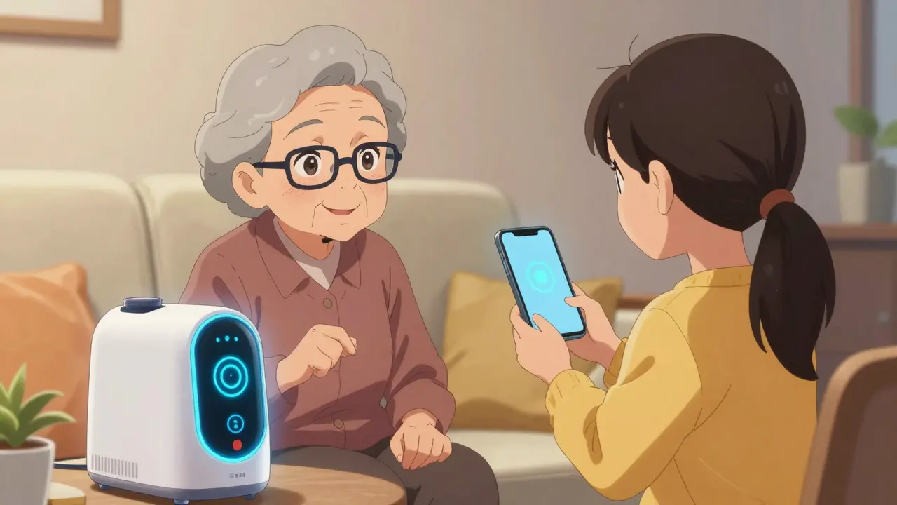 Grandmother using a smart pill dispenser with granddaughter nearby