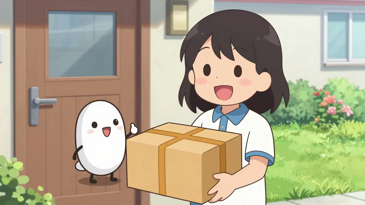 Happy anime character receiving a medicine package