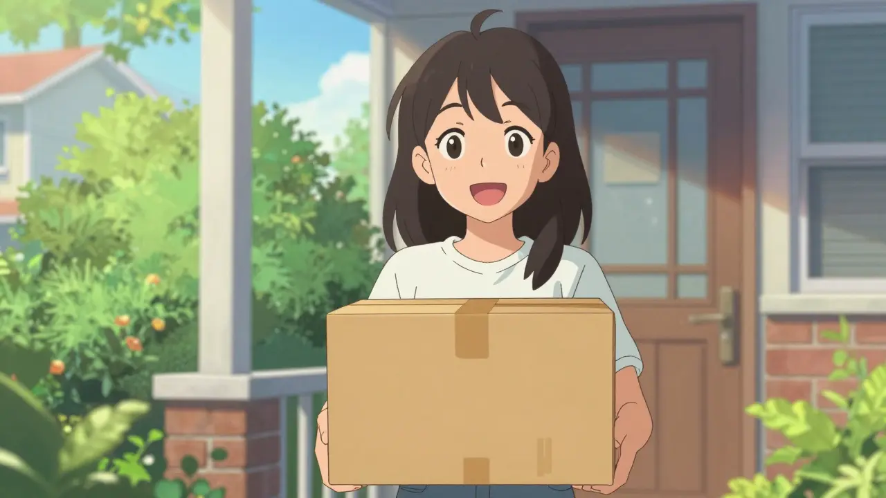 Happy anime woman receiving discreet medicine package at door