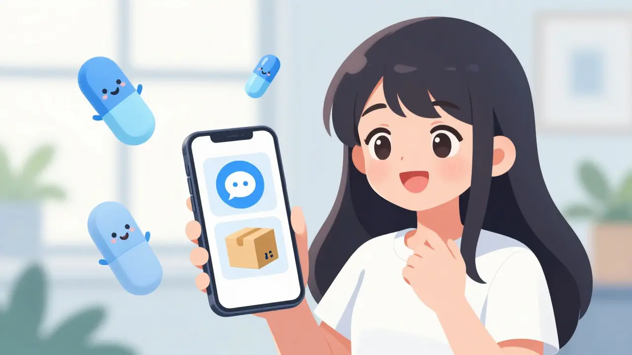 Happy moe anime girl ordering generic fluoxetine online via phone