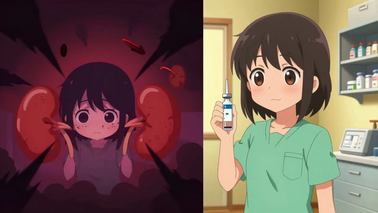 Moe style art showing dangers of expired drugs vs safe storage conditions.