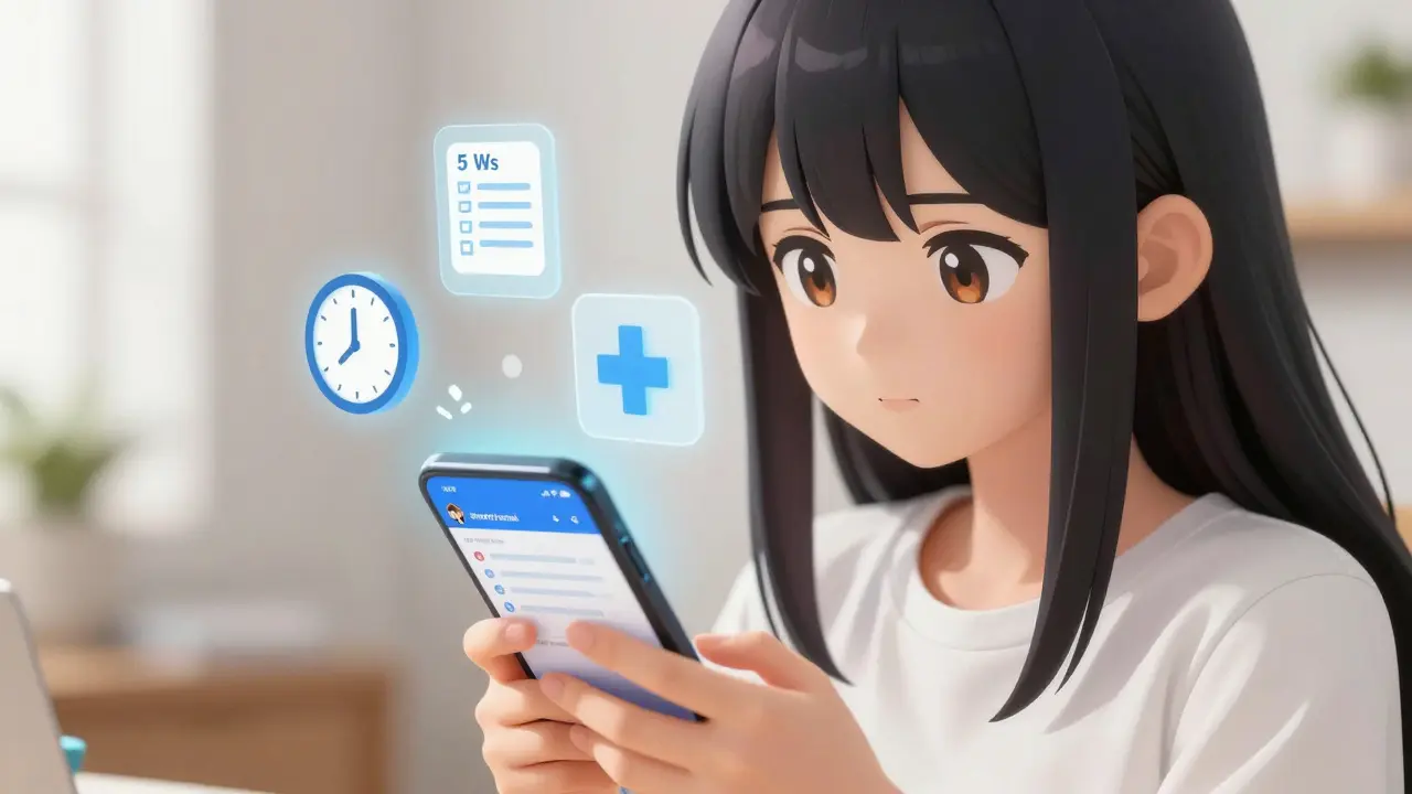 Moe style girl typing on phone with floating icons representing symptom tracking