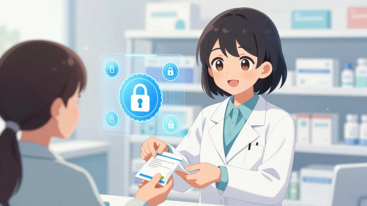 Moe style pharmacist handing meds safely