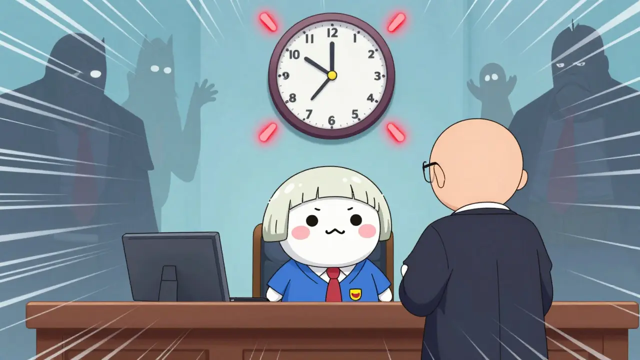 Moe style pill mascot in court facing judge with ticking clock background