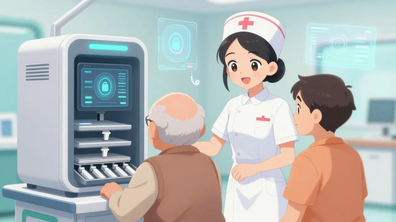 Nurse helping senior with high-tech medical cabinet in clinic