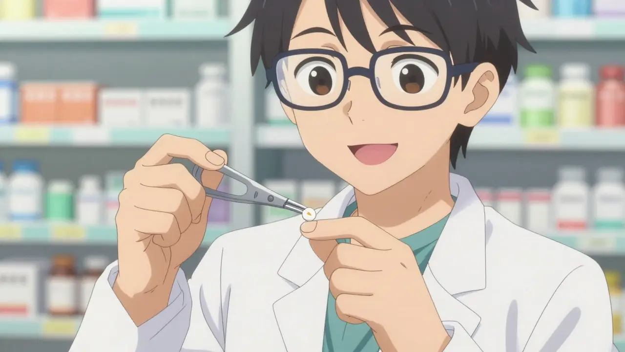 Smiling anime pharmacist demonstrating safe pill splitting