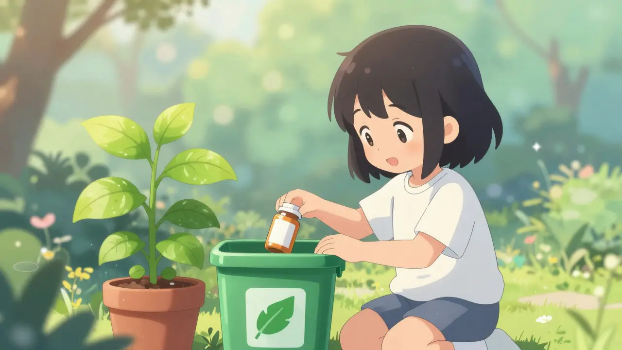 Anime character discarding unused meds to promote health and renewal.