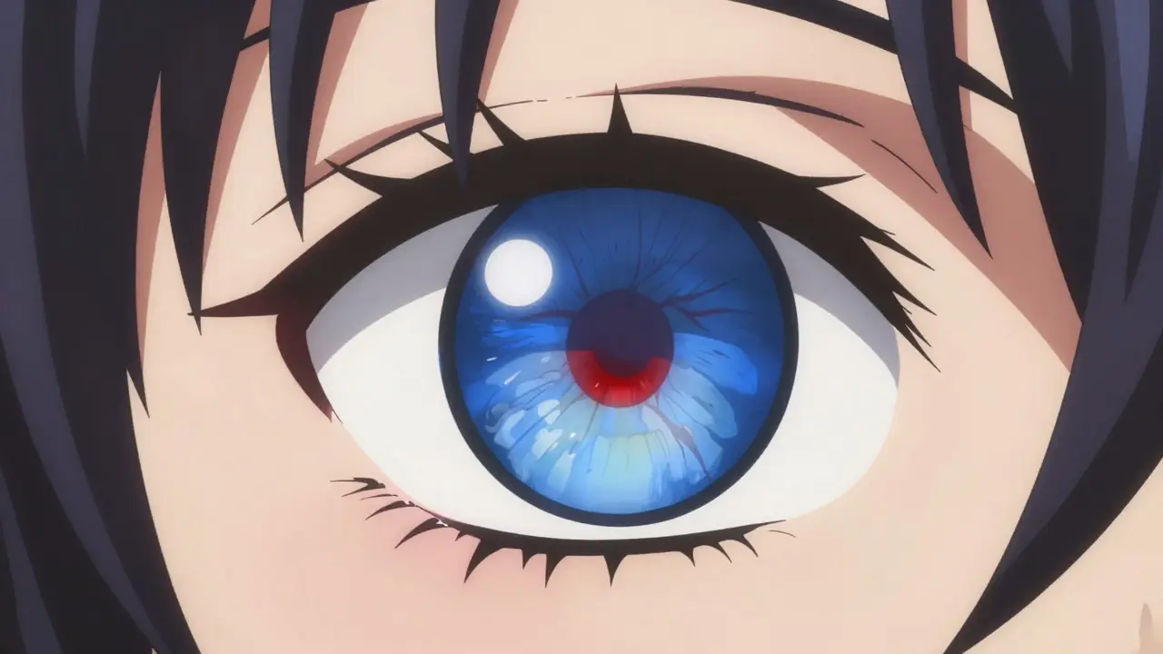 Anime close-up of a red, irritated eye with a contact lens