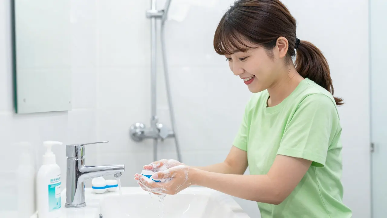 Anime girl washing hands safely before handling contacts