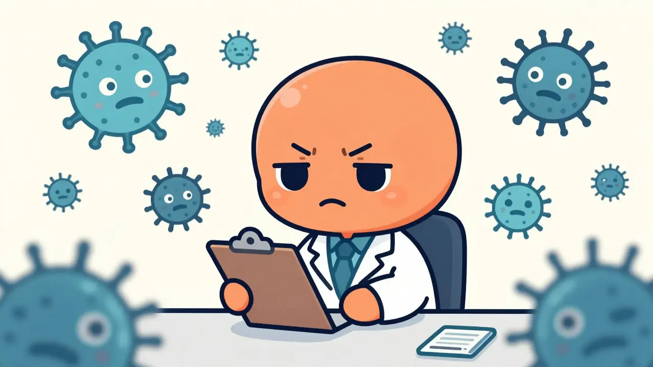 Chibi anime doctor surrounded by cute monster-like bacteria icons