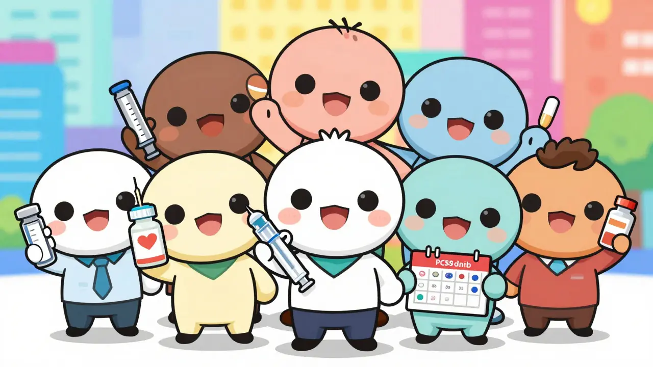 Chibi characters holding various cholesterol medications happily