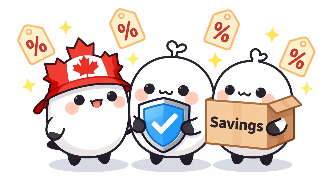 Chibi characters representing verified Canadian pharmacies and savings
