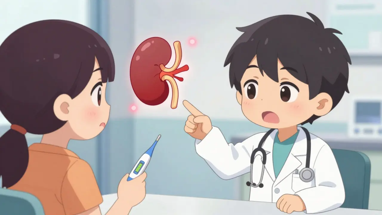 Chibi doctor explaining rejection symptoms to a patient with a glowing kidney diagram.