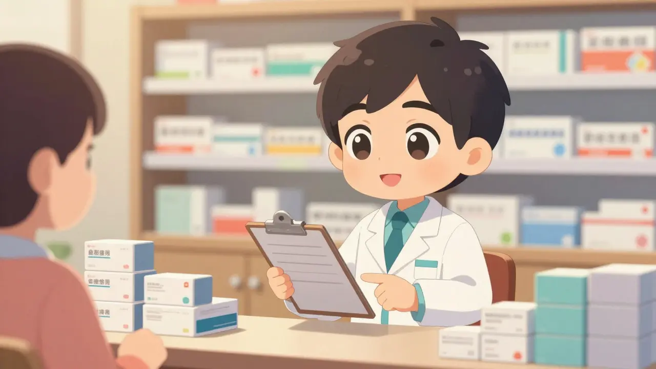 Chibi pharmacist reviewing a medication list with a patient kindly.