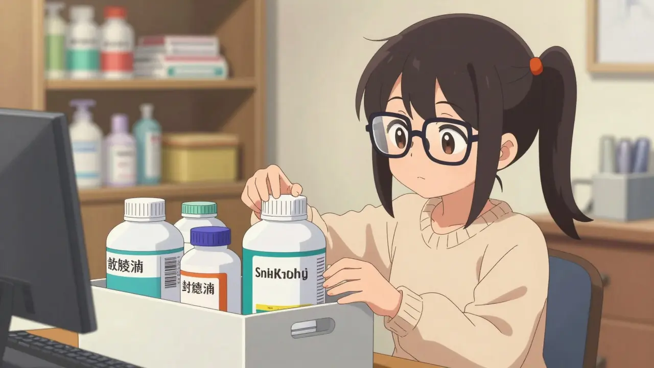 Cute anime girl organizing bulk medicine bottles in cozy home