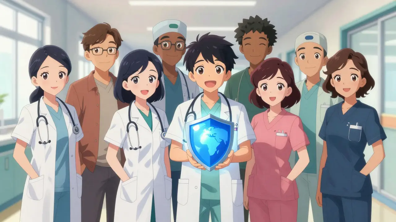 Cute anime healthcare team standing together in a bright hospital hallway