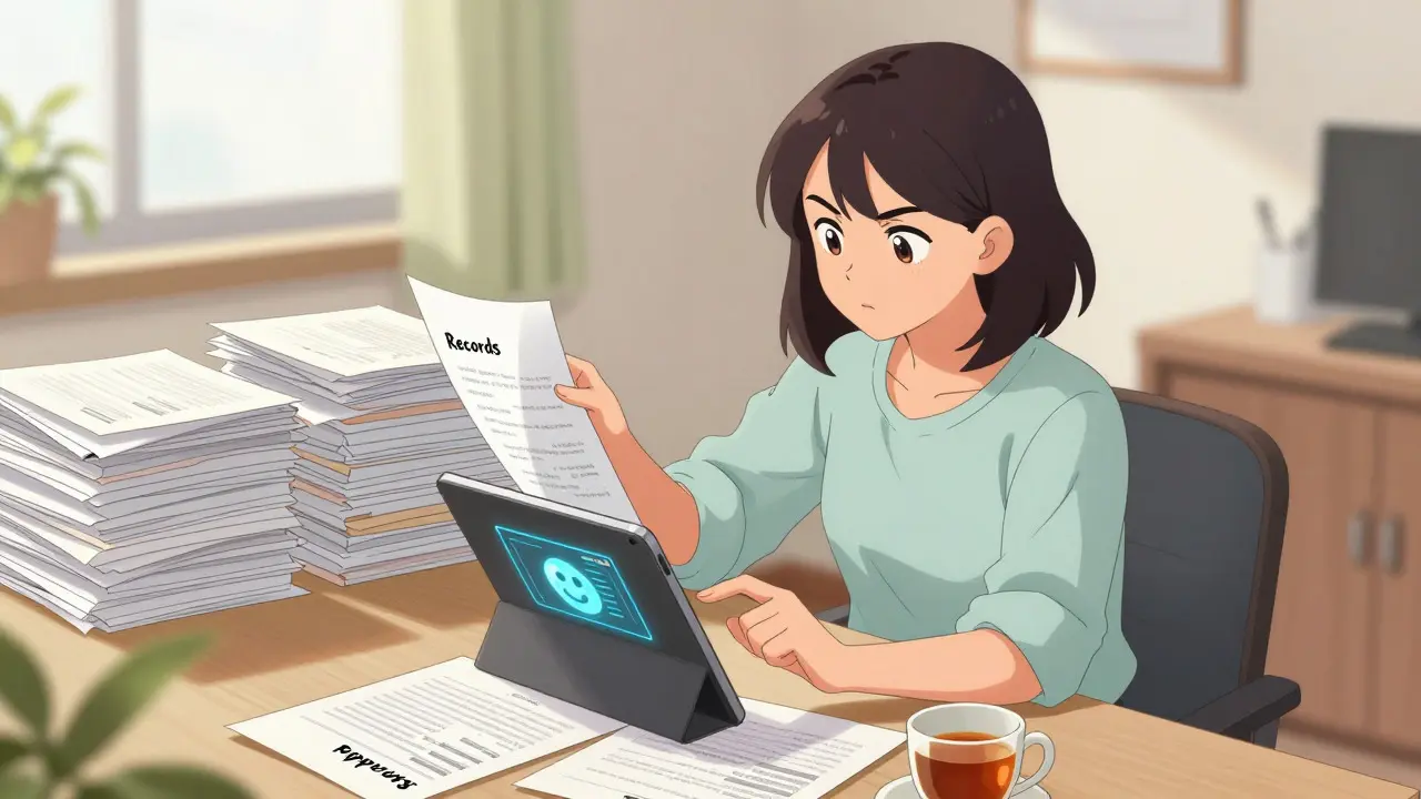 Empowered anime woman organizing documents and using a tablet at home.