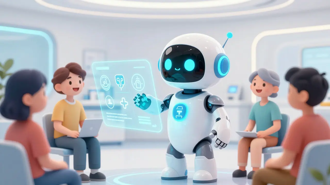 Friendly AI robot helping patients with health info