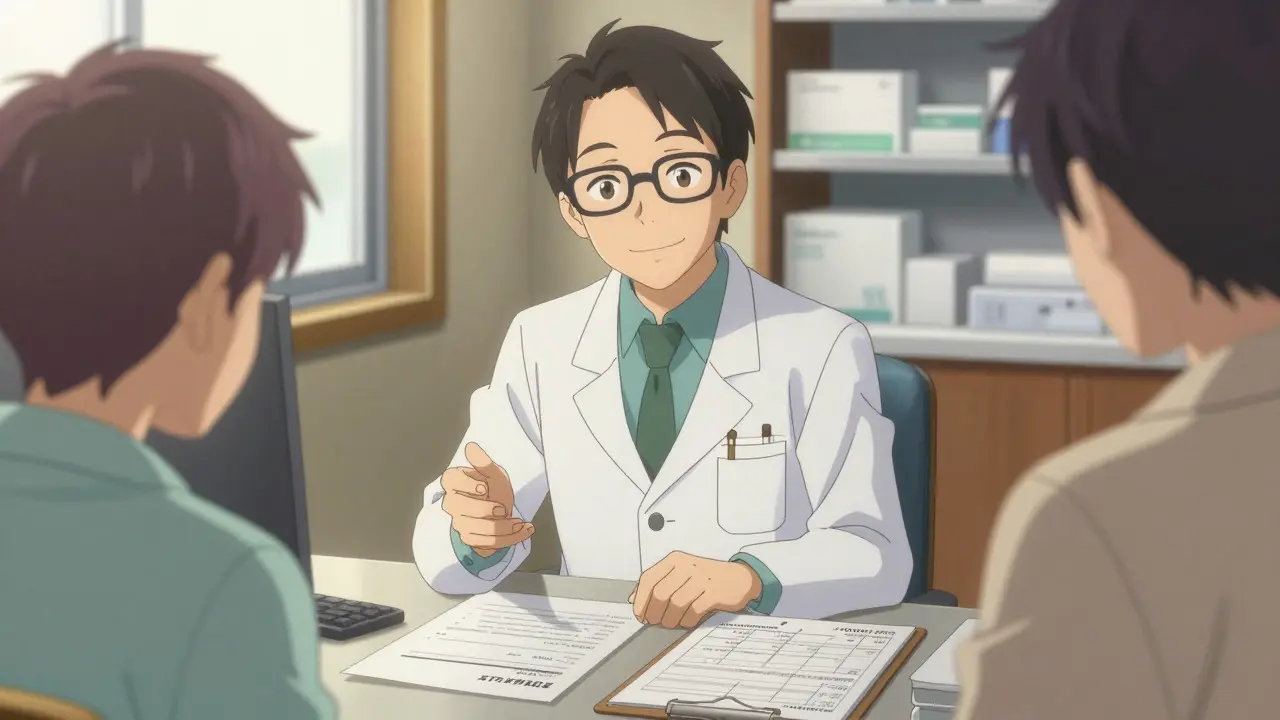 Friendly anime pharmacist explaining paperwork to a concerned patient.