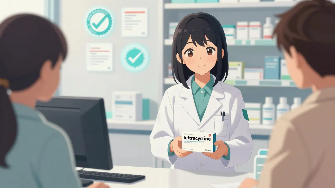 Friendly moe pharmacist handing generic tetracycline to happy customer