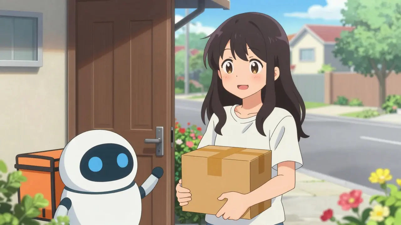 Happy anime character receiving a medicine package at home with a smile
