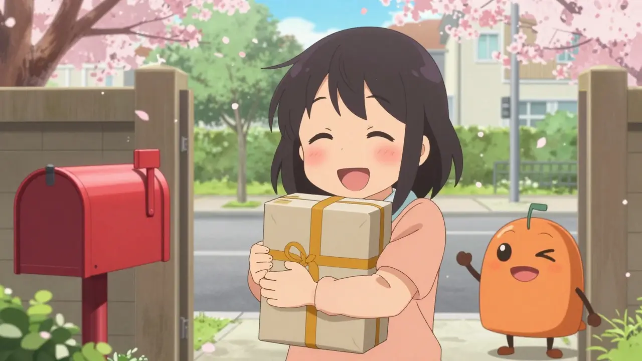 Happy anime character receiving a secure medication delivery package