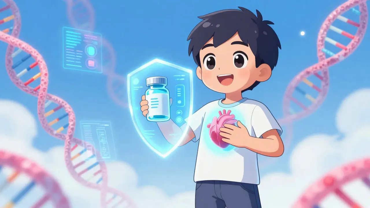 Happy anime character using smart tech to protect their transplanted organ.