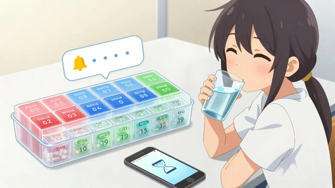 Happy anime character with a color-coded pill organizer and phone reminder for medication timing.