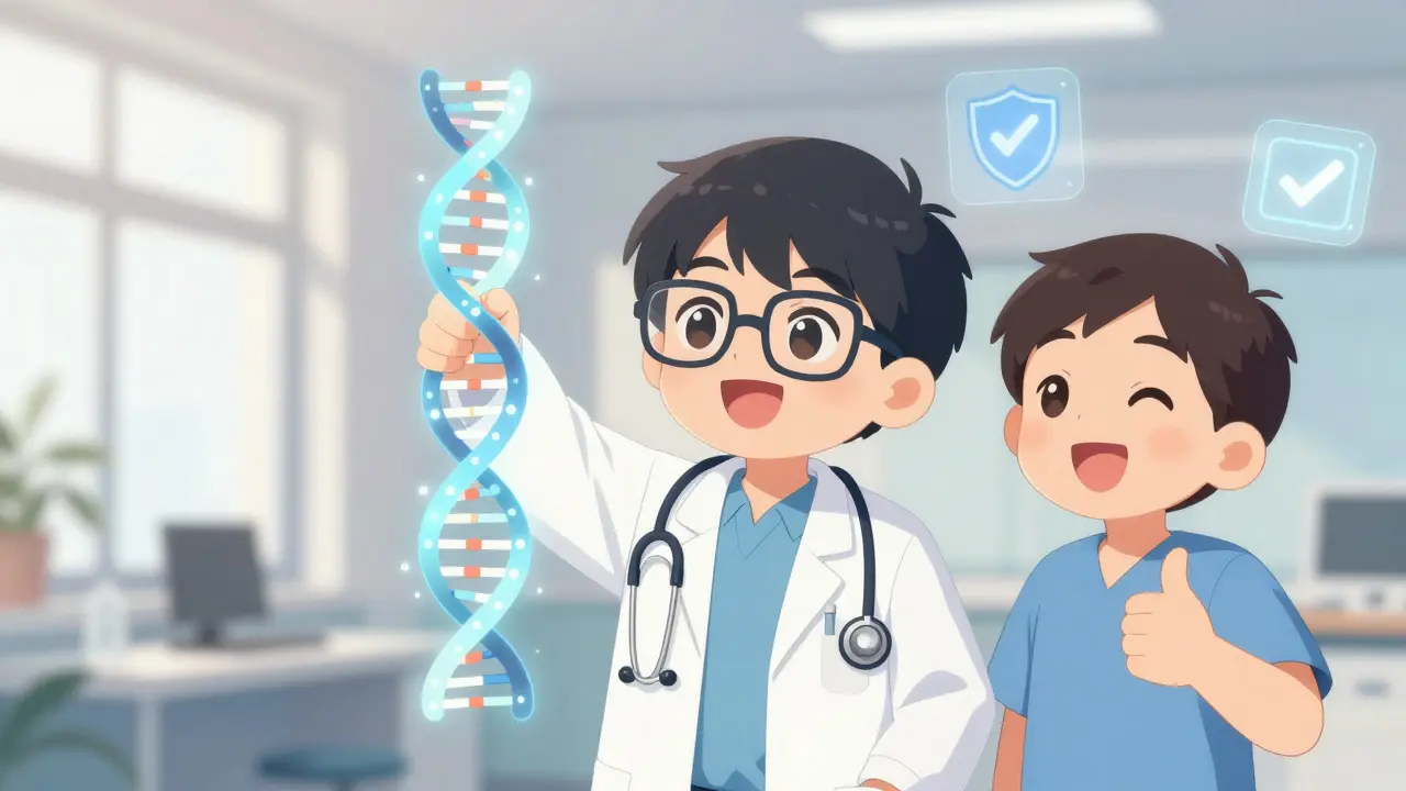 Happy anime doctor showing DNA test for drug safety