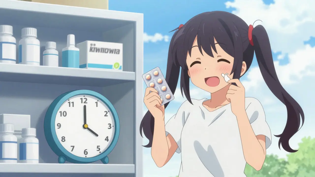 Happy anime girl with medicine pack and clock character