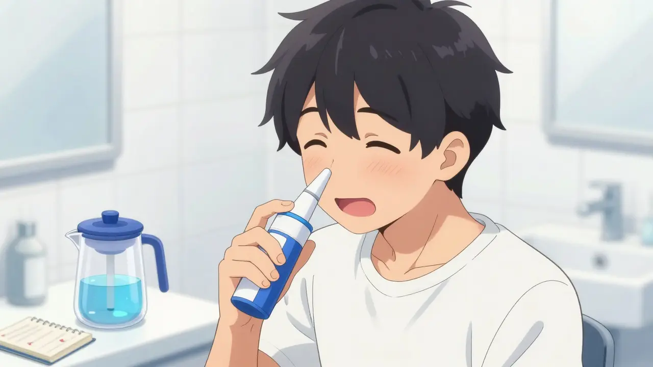 Happy anime man using nasal spray for allergy relief