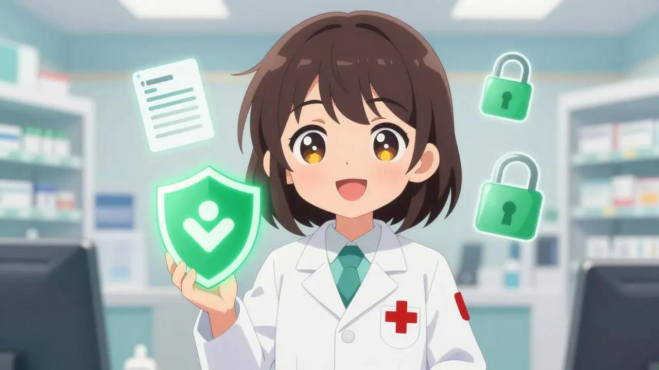 Kawaii pharmacist holding safety shield and prescription icon