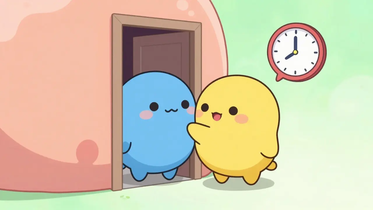 Kawaii pill characters blocked at a doorway, illustrating drug absorption conflicts in an anime style.
