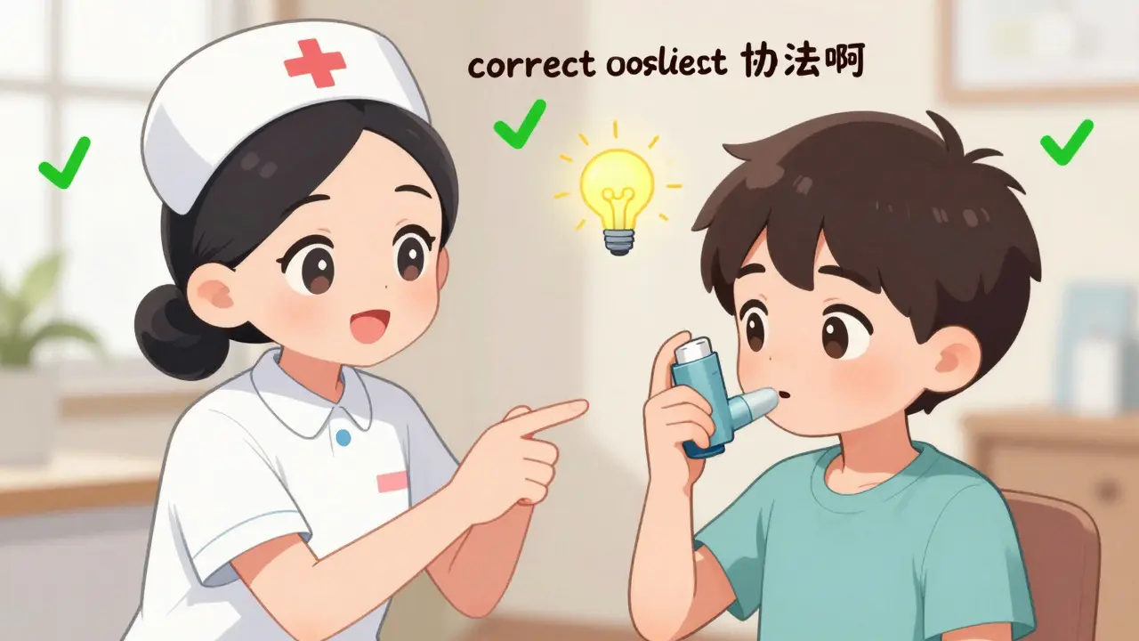 Moe style nurse teaching patient to use inhaler correctly