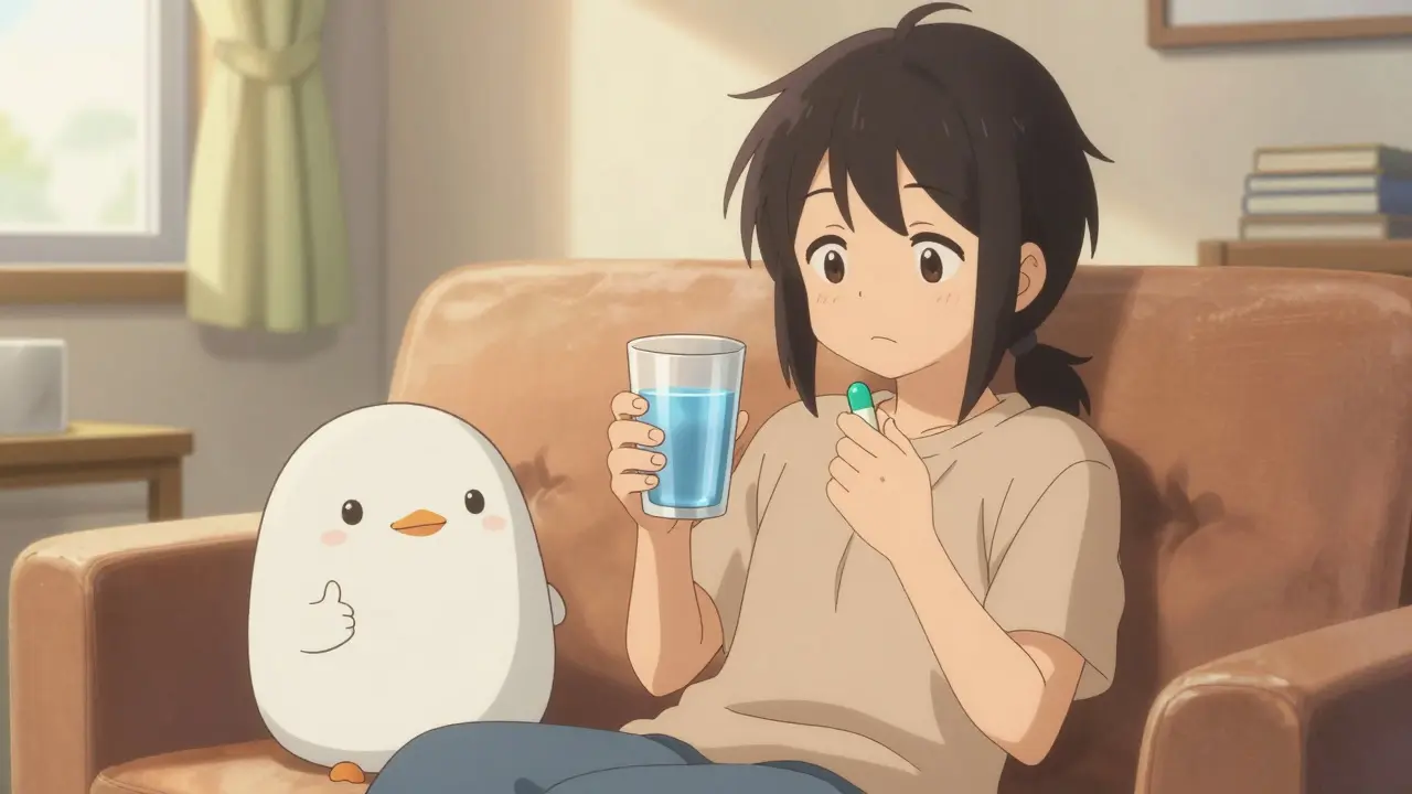 Relaxed anime character taking pill safely at home with cute mascot