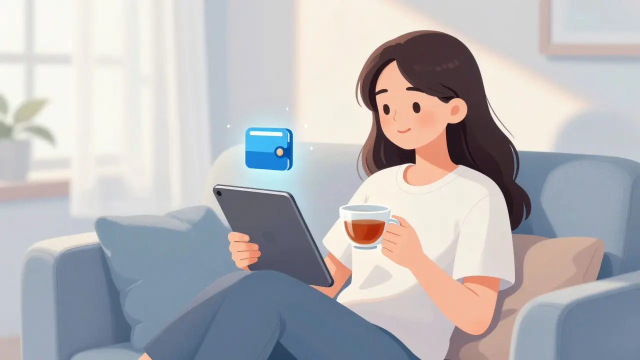 Relaxed anime woman using tablet for health savings on sofa