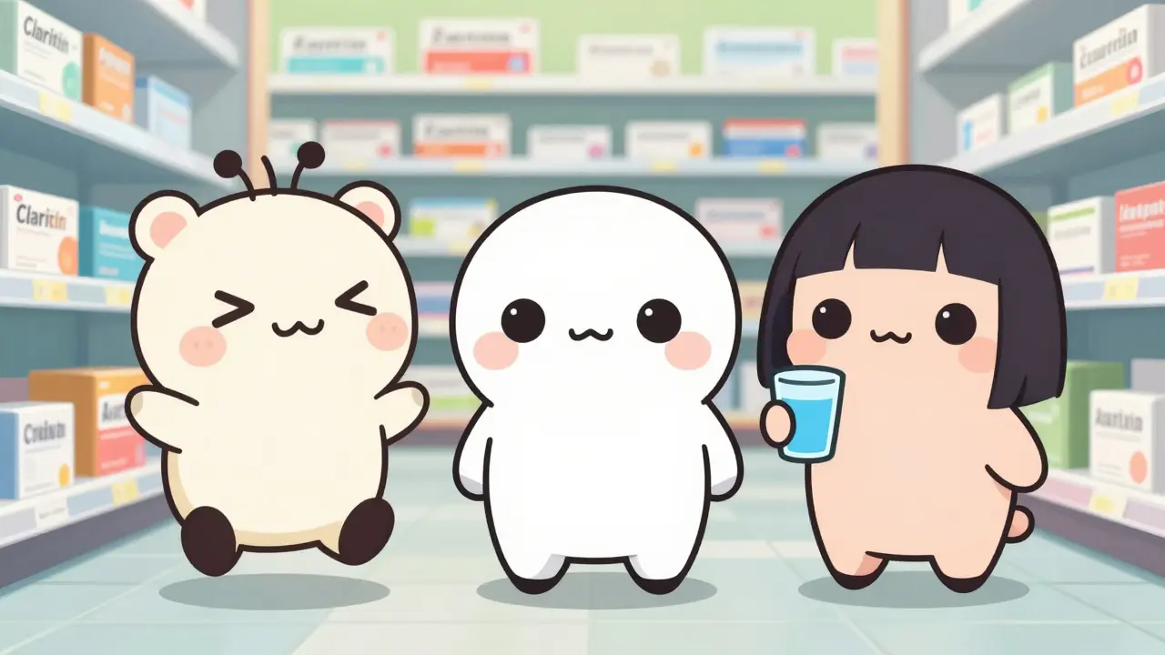 Three moe characters representing different antihistamines