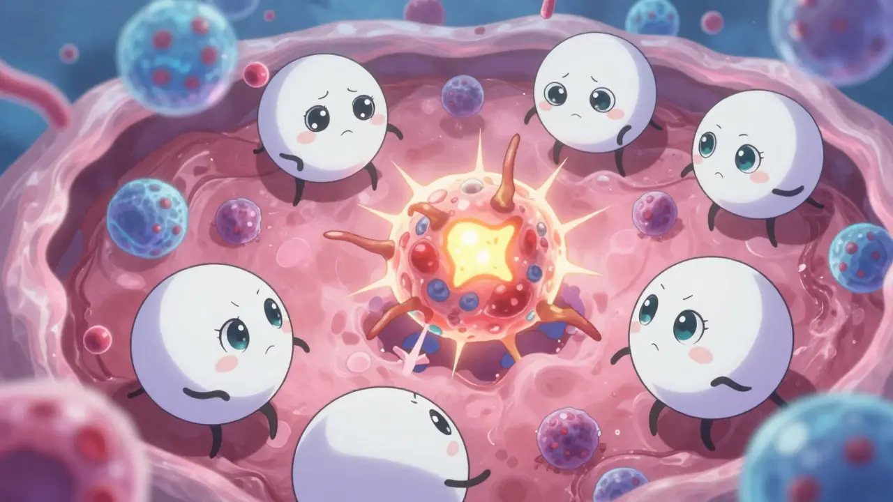 Whimsical anime view of immune cells attacking drug fragments