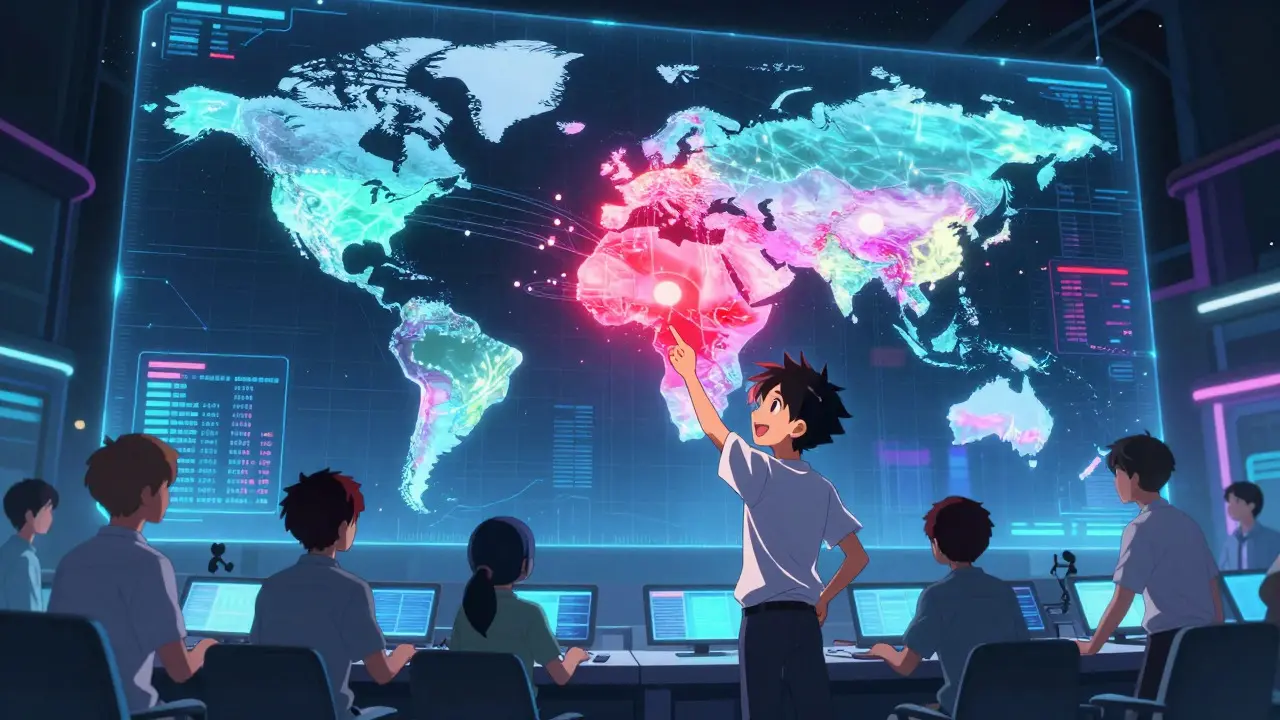 Anime analysts monitoring a holographic global supply chain map in a control room