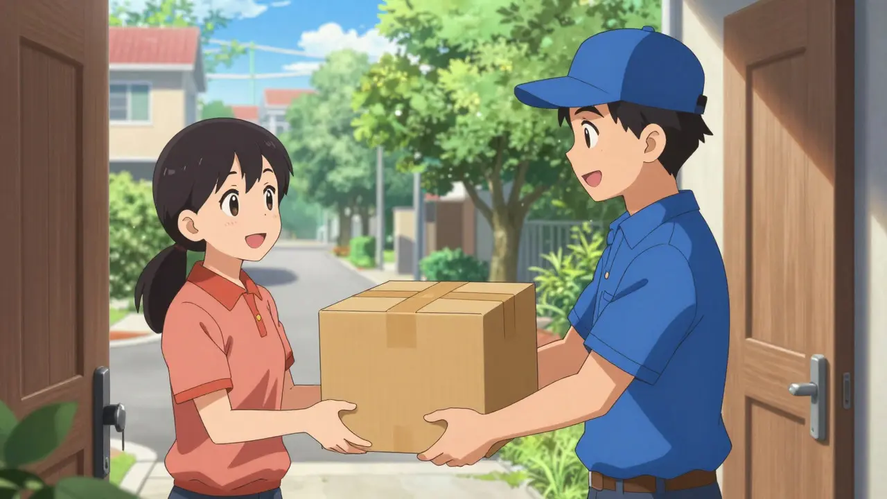Anime delivery person handing a package to a customer at a door