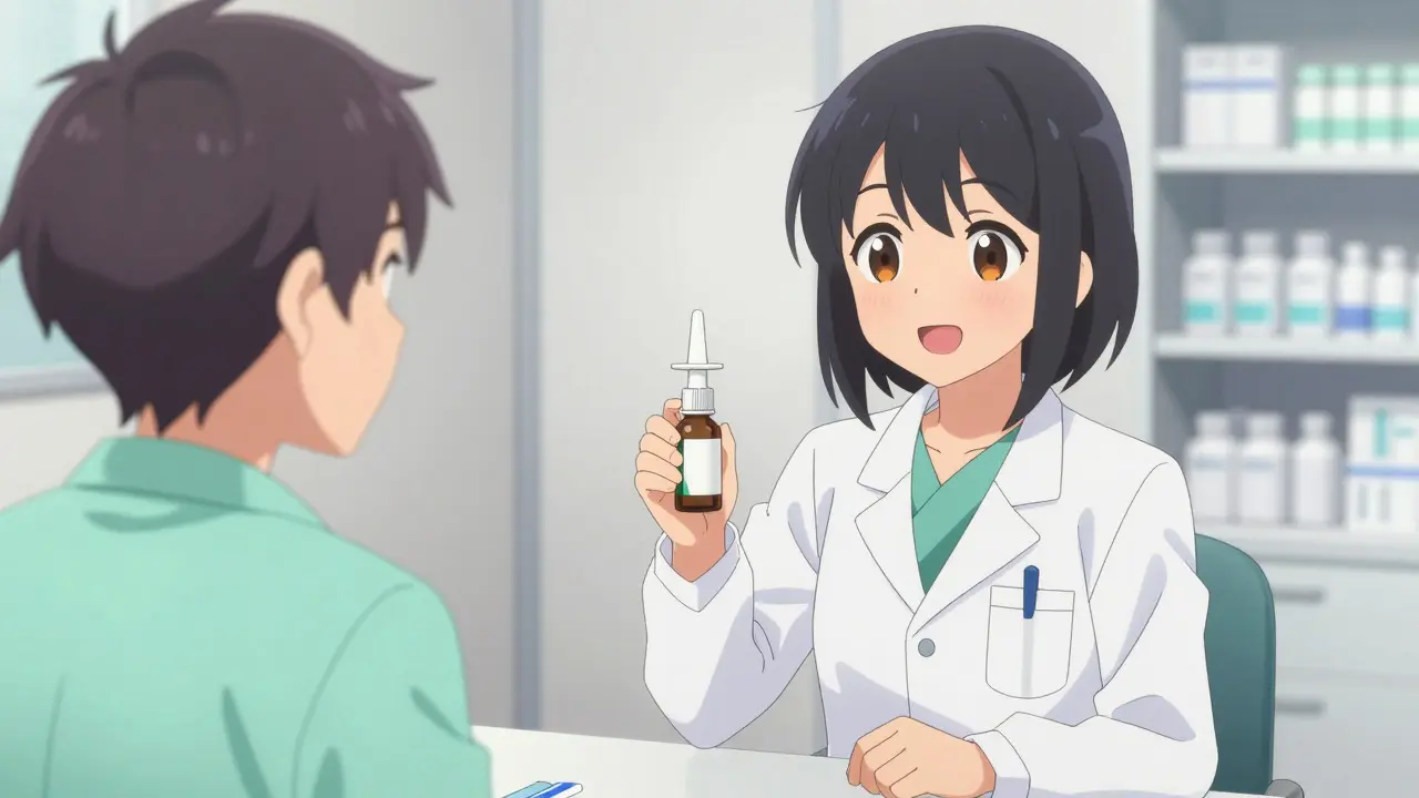 Anime doctor handing nasal spray to happy patient